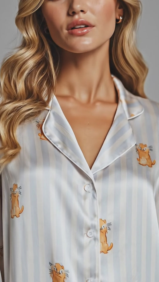 PJ-138-Cute Cat Blue Striped Pajama Set, Silky Satin PJs, Funny Cat Lover Gift, Bridal Party Sleepwear, Cozy Morning Loungewear FREE SHIPING