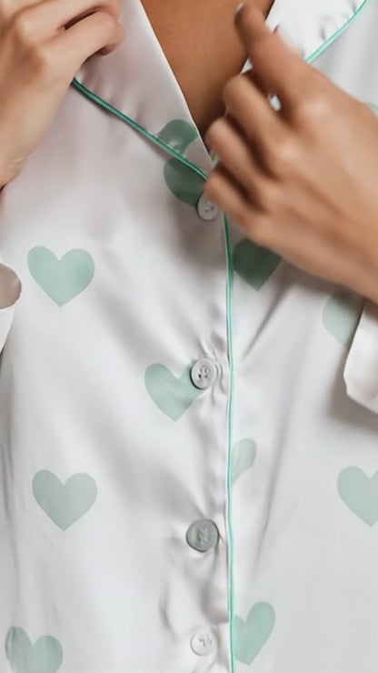 PJ-191-Heart Graphic Satin Pajama Set, White Multicolor Mint Green Valentine Loungewear Sleepwear Collection