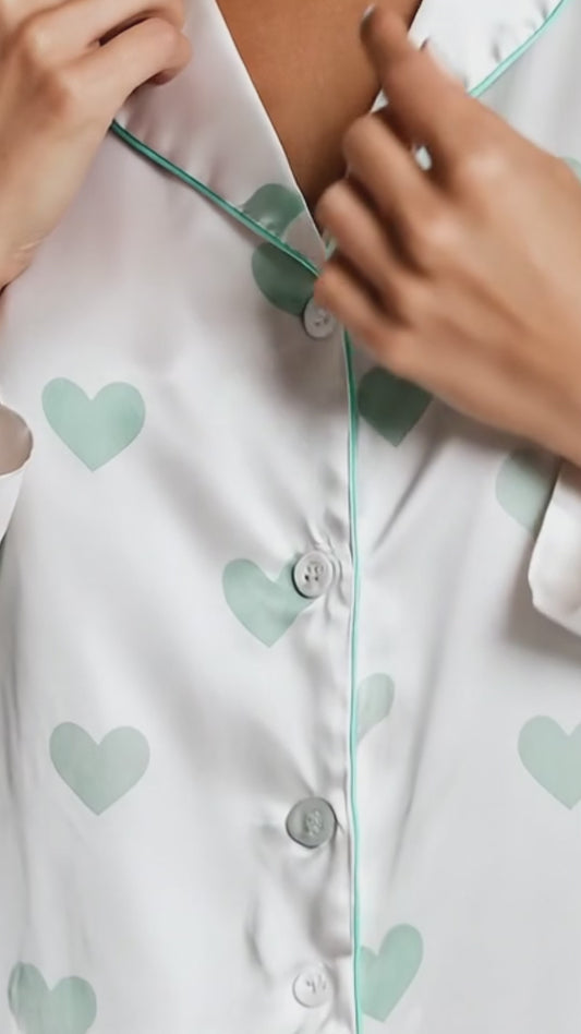 PJ-191-Heart Graphic Satin Pajama Set, White Multicolor Mint Green Valentine Loungewear Sleepwear Collection FREE SHIPPING