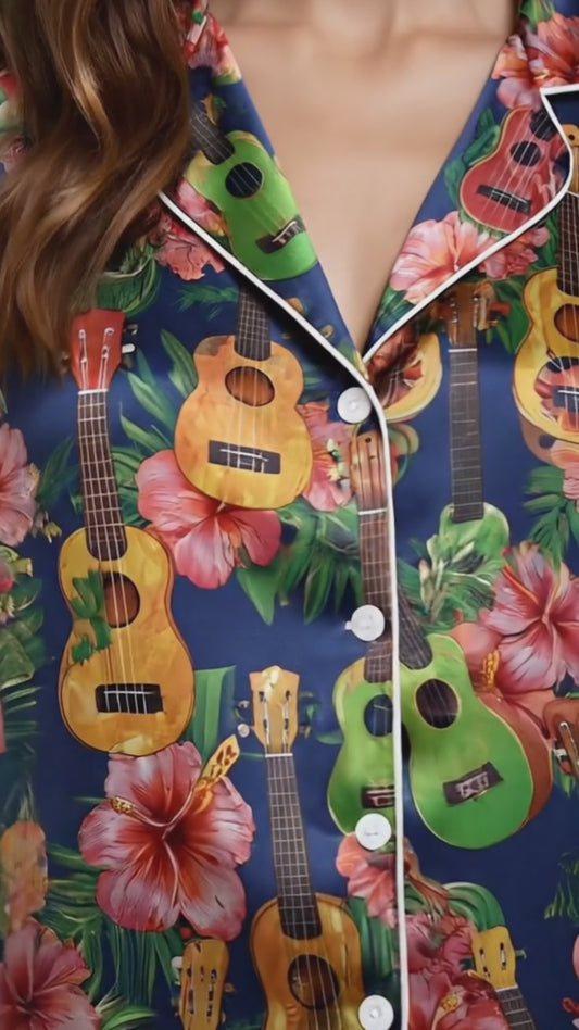 PJ-079-Colorful Ukulele Pajama Set Featuring Hibiscus Flowers and Tropical Summer Pattern Design
