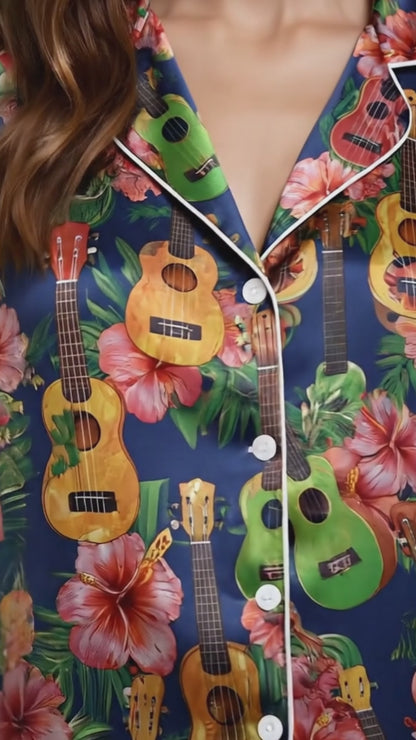 PJ-079-Colorful Ukulele Pajama Set Featuring Hibiscus Flowers and Tropical Summer Pattern Design