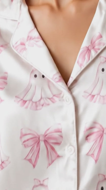 PJ-230-Pink Ghost Coquette Bow Satin Pajama Set, White Graphic Halloween Loungewear Sleepwear Collection Nightwear