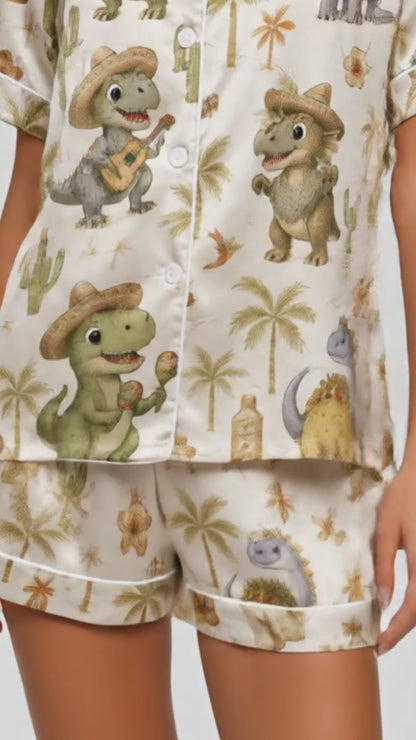 PJ-034-Satin Fiesta Dinosaur White Piping Button Up Long/Short Pajama Set