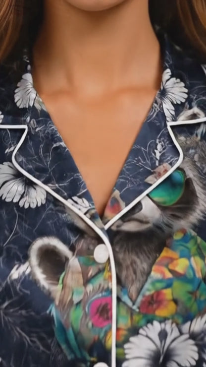 PJ-046-Satin Navy Tropical Raccoon White Piping Button Up Pajama Set