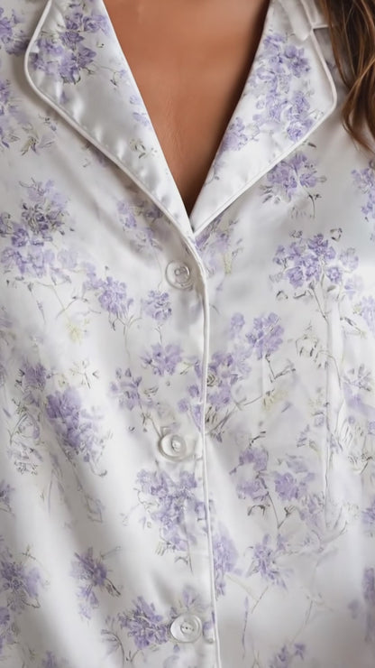 PJ-130-Purple Botanical Pattern Pajamas Luxury Satin Ditsy Blossom Theme Boxy Fit Elegant Loungewear Sleepwear Nightwear Apparel Set