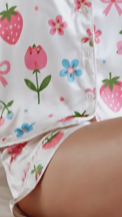 PJ-184-Strawberry Pure Mulberry Silk Pajama Set, White Fruit Flower Print Botanical Loungewear Sleepwear Collection