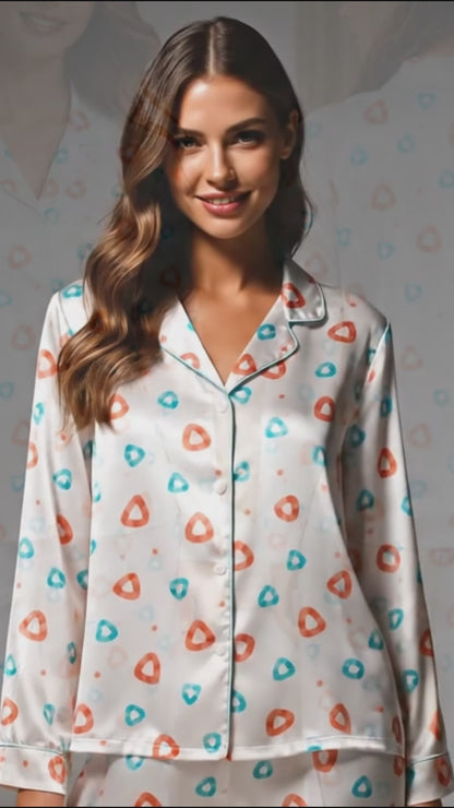 PJ-055-Geometric Print Pajama Set Featuring Colorful Rounded Triangles and Playful Abstract Pattern Design