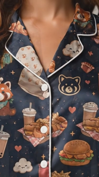 PJ-038-Satin Foodie Red Panda White Piping Button Up Pajama Set