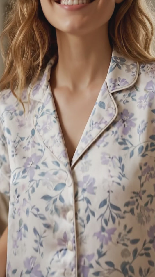 PJ-174-Satin White Pastel Lilac Floral Classic Piping Button Up Pajama Set FREE SHIPING