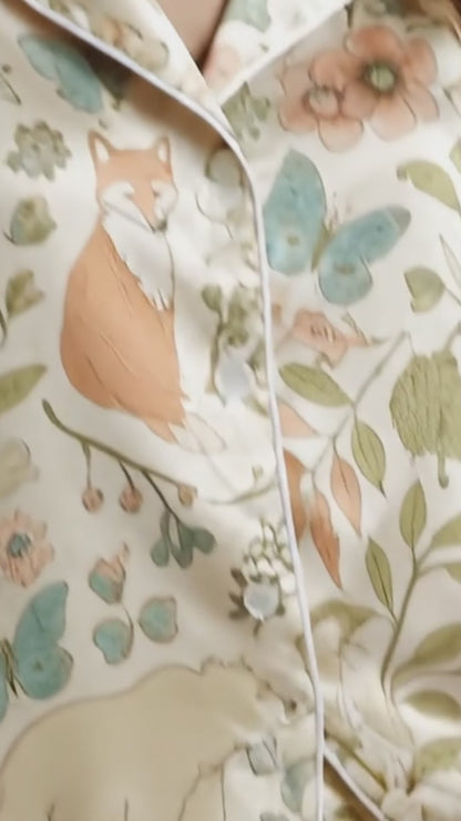 PJ-194-Woodland Fox Satin Pajama Set With Floral Leaf Print And Matching Sleepwear Bottoms