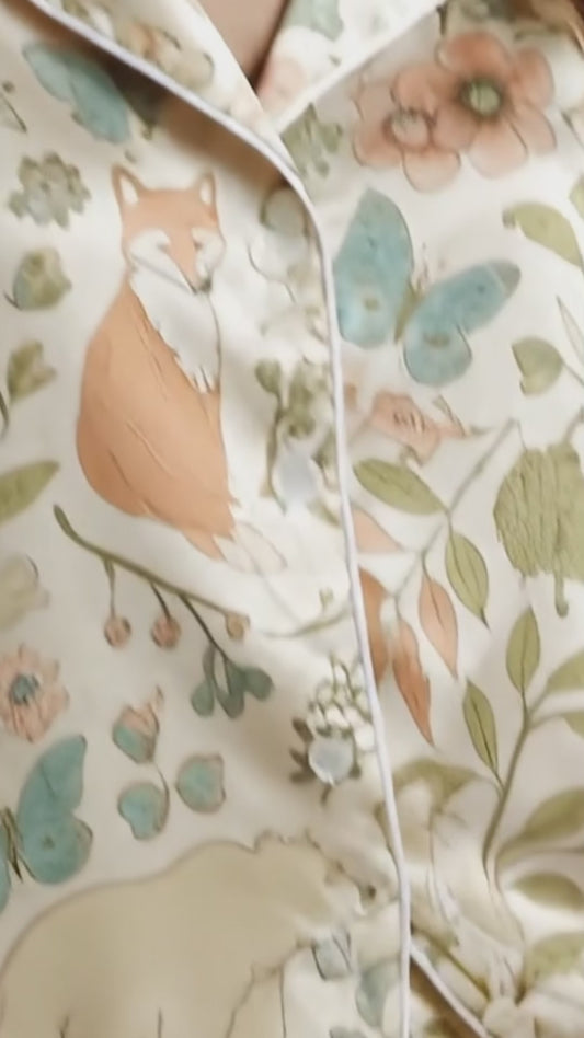 PJ-194-Woodland Fox Satin Pajama Set With Floral Leaf Print And Matching Sleepwear Bottoms FREE SHIPPING