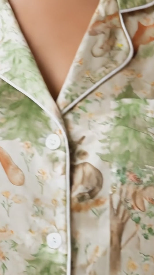 PJ-189-Cute Woodland Animal Satin Sleepwear Set With Pine Tree Print And Matching Pajama Bottoms