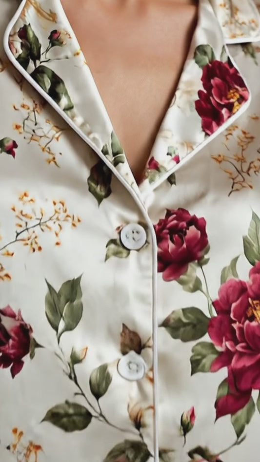 PJ-255-Floral Pure Satin Pajama Set, White Rose Peony Print Botanical Loungewear Sleepwear Collection FREE SHIPPING