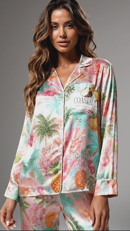PJ-101-Unisex Pink Satin Novelty Beach Theme Pajamas Button Up Sleepwear Nightwear Loungewear Summer Clothing Set FREE SHIPING