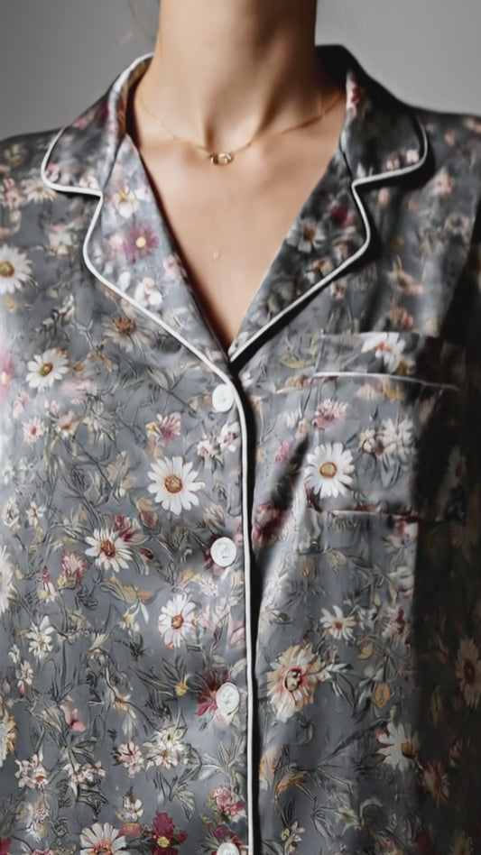 PJ-182-Gray Floral Satin Sleepwear Set With Daisy Print And Comfortable Matching Pajama Bottoms