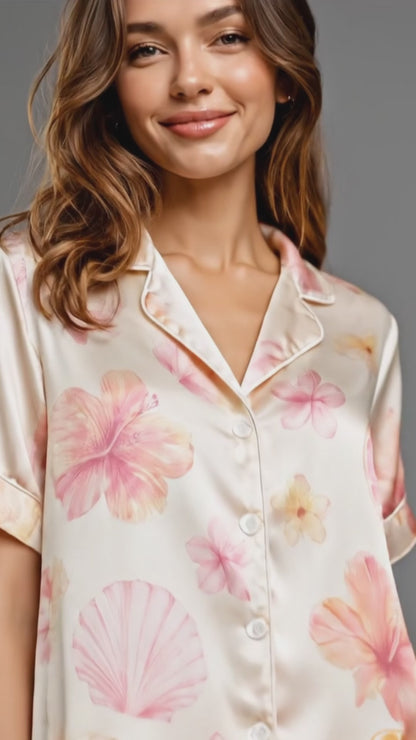 PJ-106-Satin Ivory Island Hibiscus Classic Piping Button Up Pajama Set FREE SHIPING