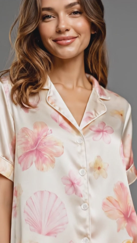 PJ-106-Satin Ivory Island Hibiscus Classic Piping Button Up Pajama Set FREE SHIPING