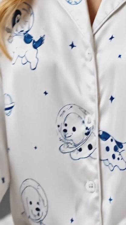 PJ-152-Unisex Satin Pajama Set with Space Dog Print White Button Down Sleepwear Shirt and Pants