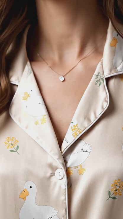 PJ-139-Unisex Cream Satin Pajama Set with White Duck Pattern Button Down Shirt and Pants FREE SHIPING