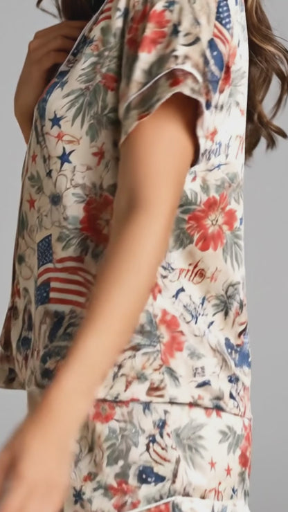 PJ-116-Satin Champagne Tropical Americana Classic Piping Button Up Pajama Set