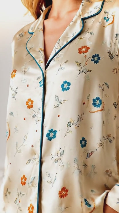 PJ-063-Satin White Autumn Blossom Teal Piping Button Up Pajama Set