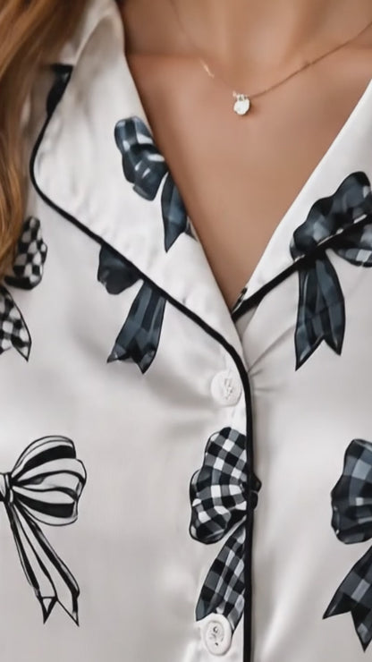 PJ-221-Coquette Style Monochromatic Ribbon Print Button-Down Silky Sleepwear Set