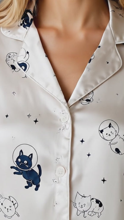 PJ-143-Unisex Satin Pajamas with Astronaut Cat Print White Button Front Sleepwear Set