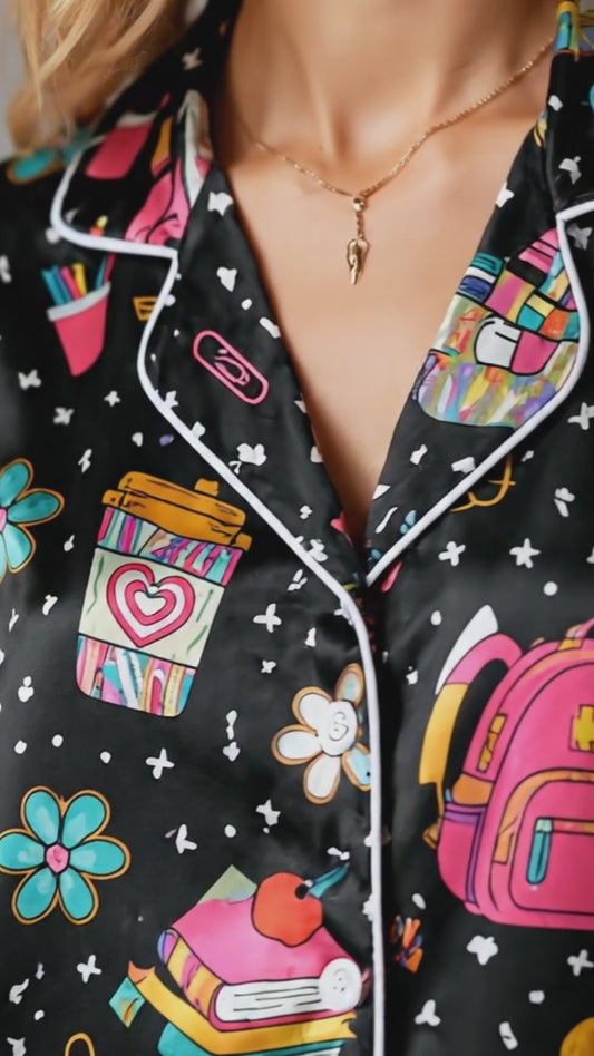 PJ-256-Back To School Printed Satin Pajama Set, Whimsical Notebook Smiley Unisex Sleepwear Lounge Coordinates FREE SHIPPING