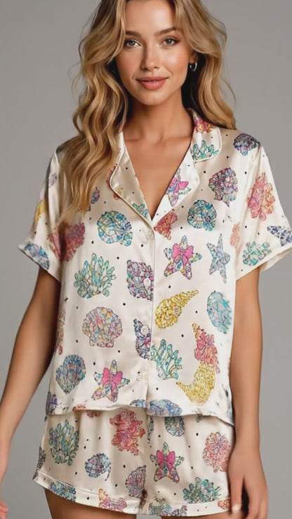 PJ-204-Satin Colorful Coastal Seashell Piping Button-Up Set