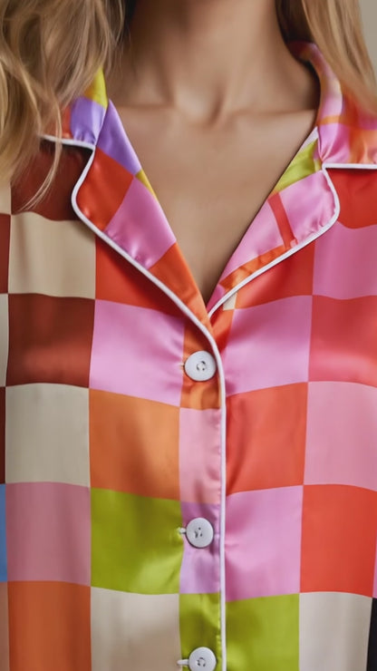 PJ-186-Unisex Satin Pajama Set with Colorful Checkerboard Print Button Down Sleepwear Shirt and Pants