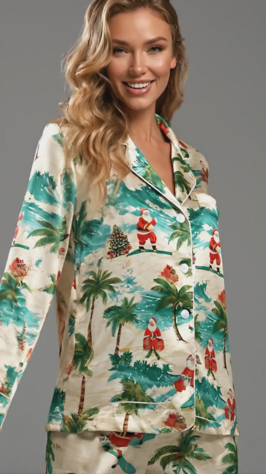 PJ-090-Unisex Christmas Tropical Santa Palm Tree Satin Pajama Set with High Quality Holiday Beach Print FREE SHIPPING