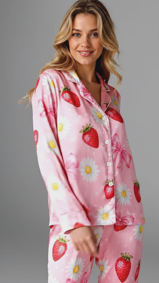 PJ-244-Pink Strawberry Daisy Satin Pajama Set With Bow Print Button Up Shirt And Matching Bottom