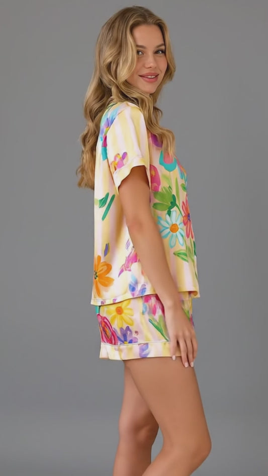 PJ-201-Rainbow Garden Satin Pajama Set With Button Up Top And Comfortable Matching Sleepwear Bottoms