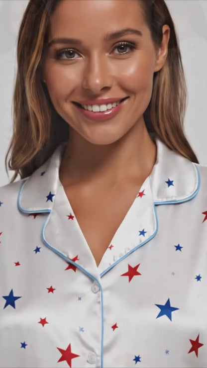 PJ-005-Patterned Constellation Premium Satin Pajama Set, Light Alabaster Short Sleeve Button Front Apparel Nightshirts