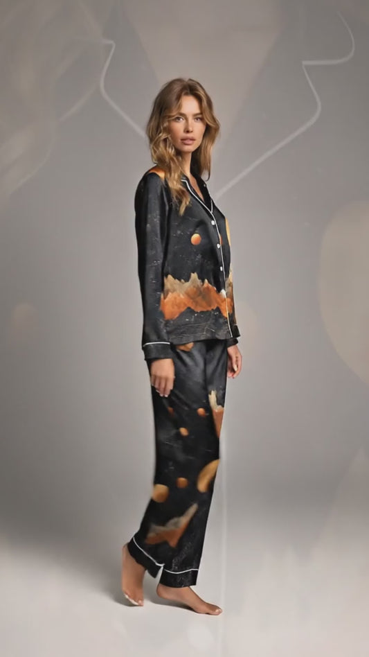 PJ-083-Moon Mountain Pajama Set Featuring Celestial Landscape, Planets, and Starry Night Artwork