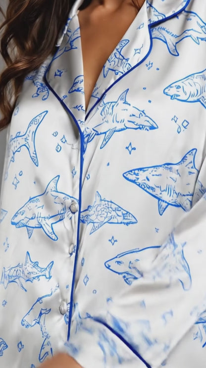 PJ-110-Unisex Men Women Cream Shark Print Satin Pajamas Nautical Great White Loungewear Sleepwear Nightwear Pjs Set FREE SHIPING