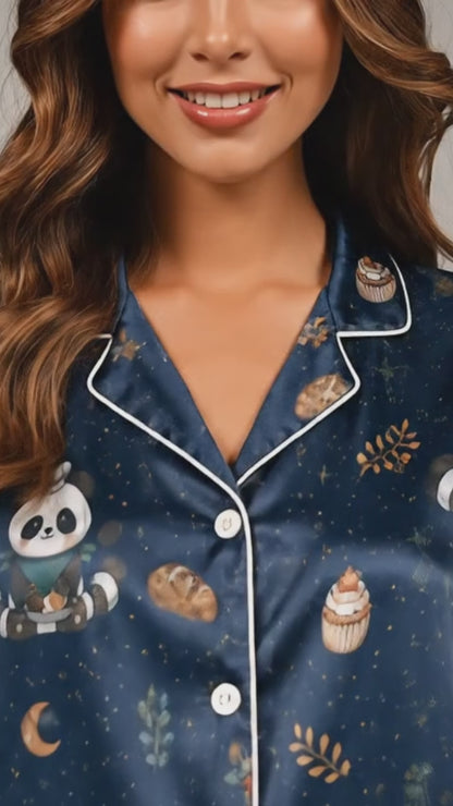 PJ-037-Satin Baker Panda White Piping Button Up Pajama Set