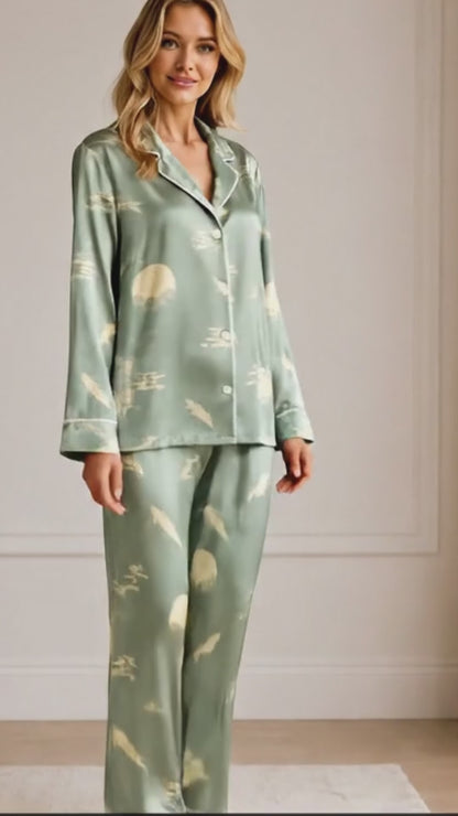 PJ-064-Satin Sage Green Moonlight Koi White Piping Button Up Pajama Set
