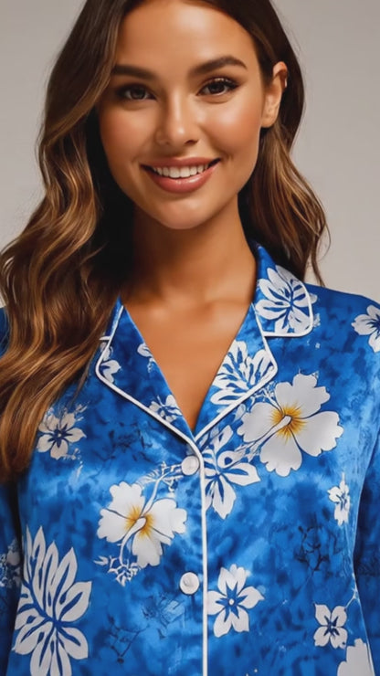 PJ-044-Satin Blue Hawaiian Floral White Piping Button Up Pajama Set