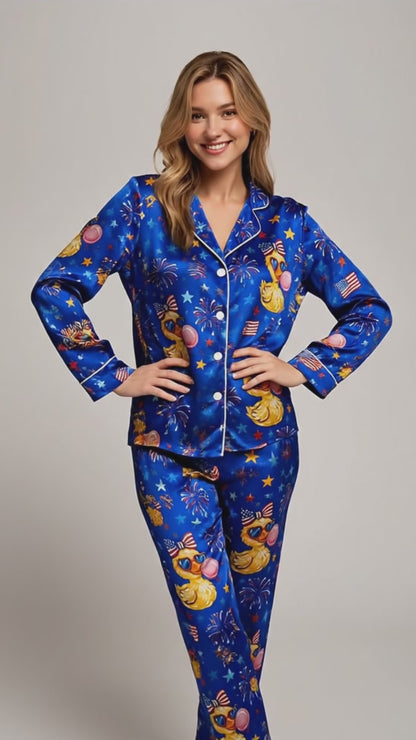 PJ-207-Unisex Satin Pajama Set with Patriotic Duck Fireworks Print Button Down Sleepwear Shirt and Bottoms