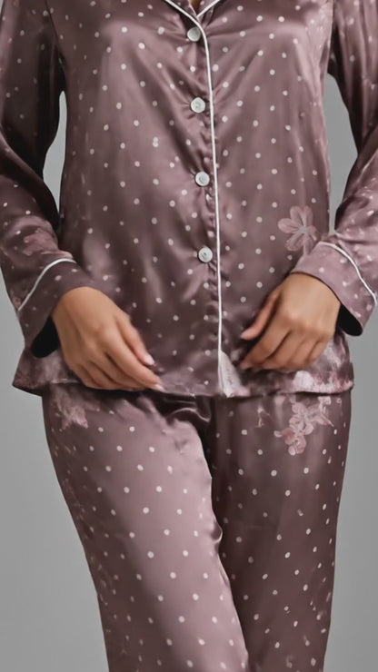 PJ-133-Women Polka Dot Satin Pajamas Floral Border Pattern Loungewear Sleepwear Nightwear Brown Taupe Pjs Matching Set FREE SHIPING