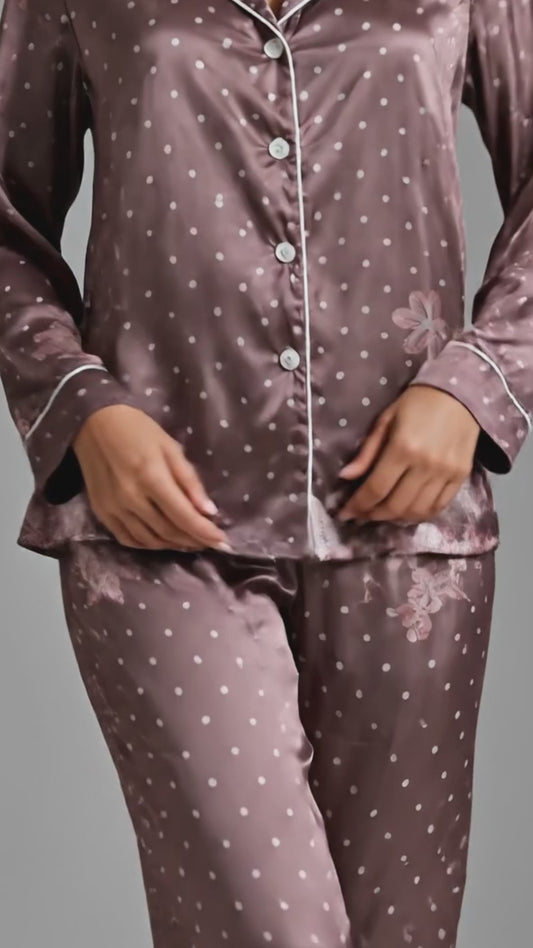 PJ-133-Women Polka Dot Satin Pajamas Floral Border Pattern Loungewear Sleepwear Nightwear Brown Taupe Pjs Matching Set FREE SHIPING