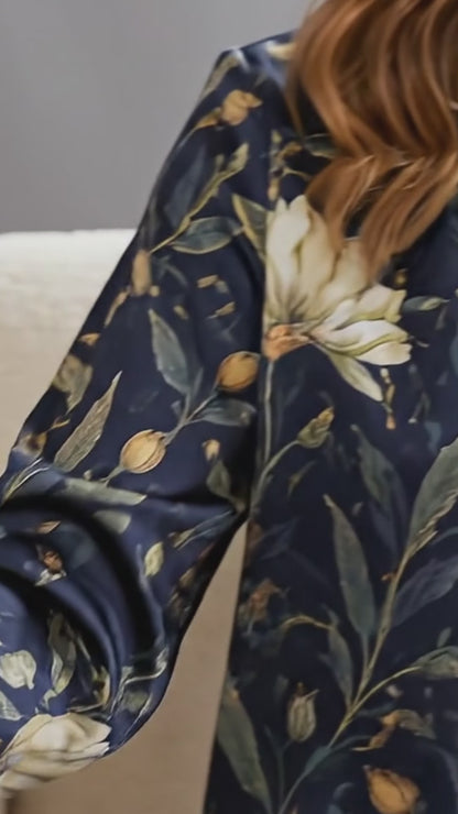 PJ-172-Satin Midnight Navy Botanical White Piping Button Up Pajama Set