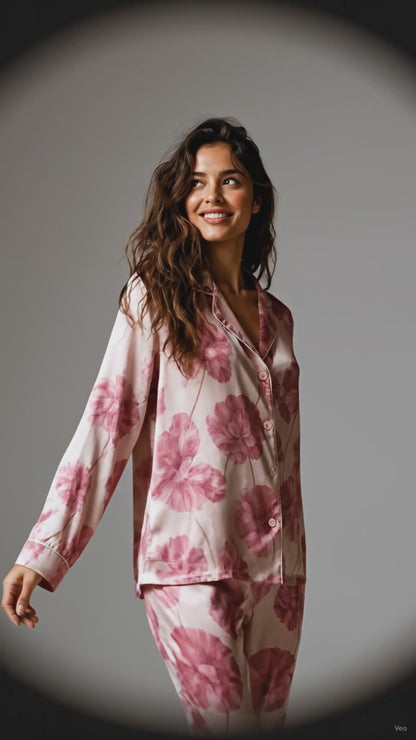 PJ-134-Romantic Floral Satin Pajama Set, Mauve Flower Button Up Nightwear, Cozy Matching Set FREE SHIPING
