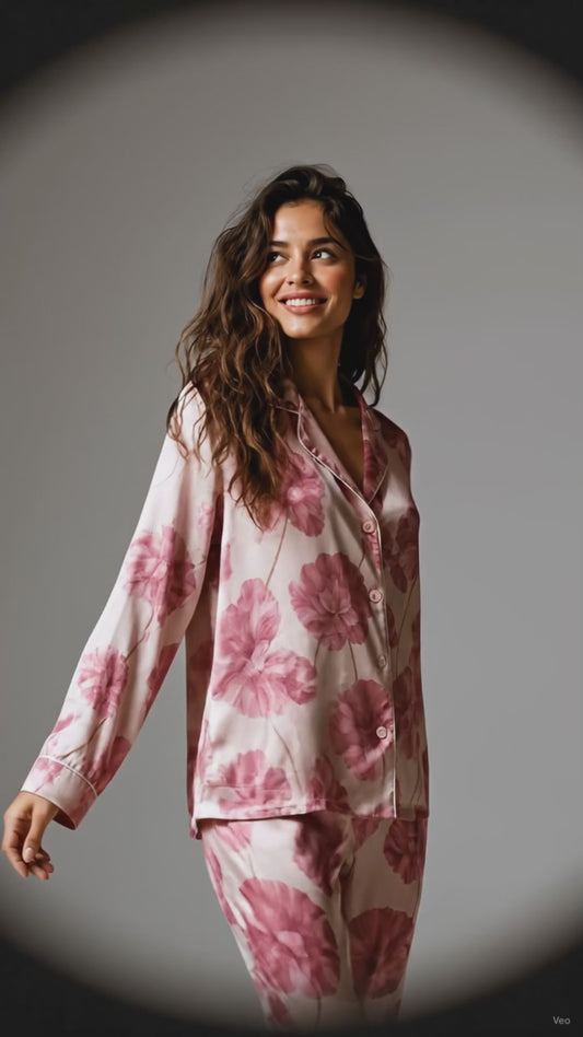 PJ-134-Romantic Floral Satin Pajama Set, Mauve Flower Button Up Nightwear, Cozy Matching Set FREE SHIPING