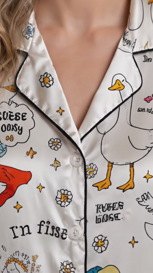 PJ-246-Funny Goose Satin Pajama Set With Button Up Shirt And Elastic Waist Matching Bottoms