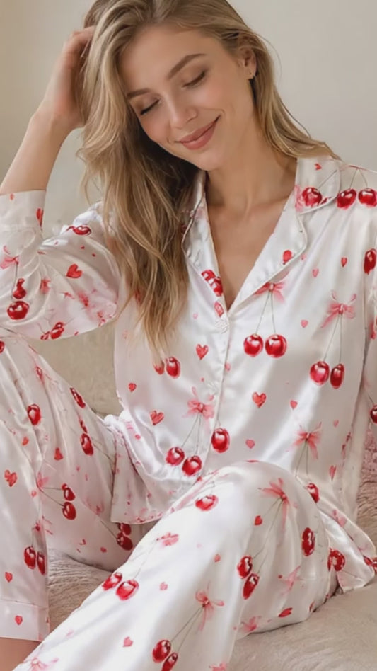 PJ-245-Sweet Cherry Heart Satin Pajama Set With Button Up Shirt And Matching Sleepwear Bottoms FREE SHIPPING