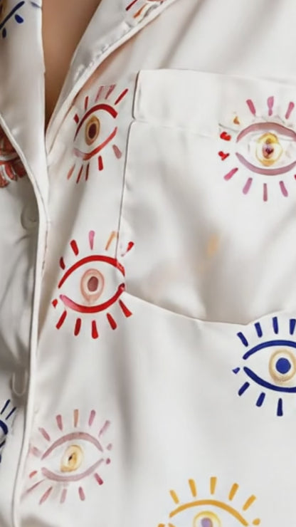 PJ-150-Unisex Satin Pajama Set with Evil Eye Sun Print White Button Down Sleepwear