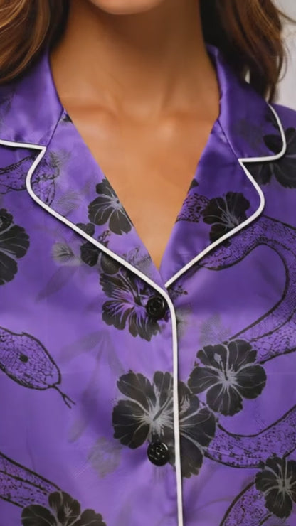 PJ-036-Satin Purple Floral Snake Button Up Pajama Set