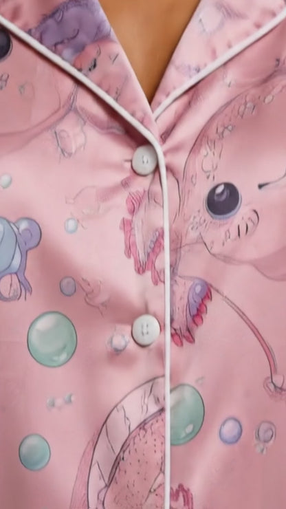 PJ-047-Satin Pink Axolotl White Piping Button Up Pajama Set